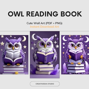 Juego de 8 láminas de búhos leyendo / Arte mural de búho morado caprichoso, decoración infantil para amantes de los libros, póster para el aula, habitación infantil con estrellas