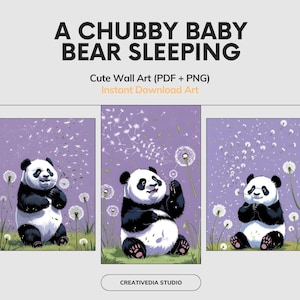 Lot de 6 affiches panda pour chambre d'enfant | Art mural pissenlit, décoration de chambre d'enfants fantaisiste, poster de panda mignon et de fleurs de chevet violet