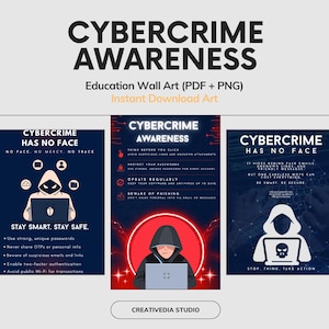 Op de afbeelding: Digitale posters die cybercrime bewustzijn promoten. De posters bevatten tekst en illustraties over online veiligheid, inclusief tips over wachtwoorden, phishing en veilig browsen. Directe download.