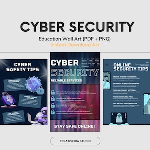 May include: Digital wall art titled "Cyber Security" with educational content. The image features several posters with cybersecurity tips, including creating strong passwords and staying safe online. The posters are in shades of blue and purple.