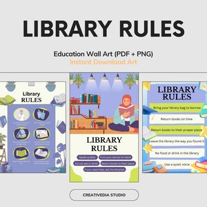 Library Rules Poster Set | Classroom Decor (PDF & PNG Files A2 Size)