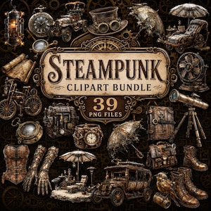 Op de afbeelding: Een digitale collectie van 39 steampunk-thema clipartafbeeldingen met mechanische objecten van messing en koper, waaronder een hoge hoed met een bril, een oldtimer, een telescoop op een statief, een klok, een korset, handschoenen, laarzen en paraplu's.