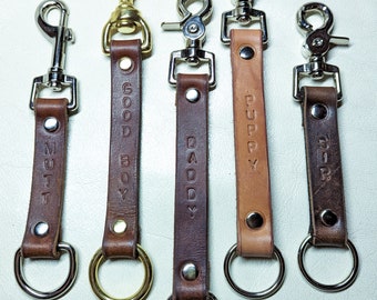 CUSTOM Brown Clip Flagging Keychain Customizable Design Carabiner Leather Stamped Made From Scrap Recycled Leather