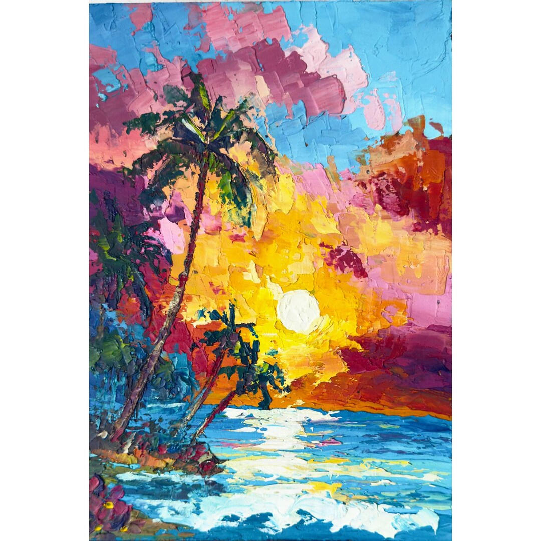 Hawaii Painting Oahu Waikiki Original Oil Art Sunset Seascape Palm Tree ...