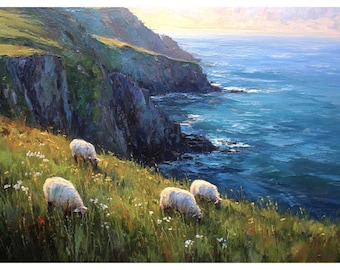 Irish Coastal Painting Sheep Original Oil Art Sheep's Head Peninsula Ireland Impasto Wall Artwork by ArtShklyar
