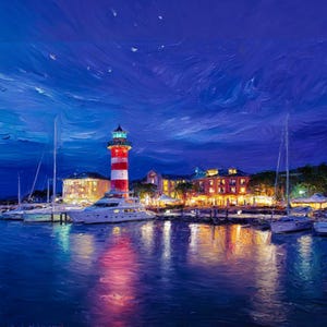 May include: An oil painting depicts a nighttime harbor scene. A red and white striped lighthouse stands tall, reflecting in the water. Yachts and buildings with lit windows are visible under a dark blue sky with stars.