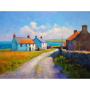 May include: Oil painting of a coastal village scene. The artwork depicts several houses with orange roofs and blue walls along a winding road. The sky is a bright blue with fluffy white clouds, and the sea is visible in the background.