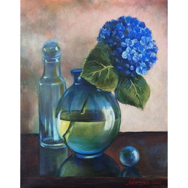 Hydrangea Blue Oil Painting Flowers Original Oil Art flowers vase Still life Bottle Wall Art 11"x14" by ArtShklyar