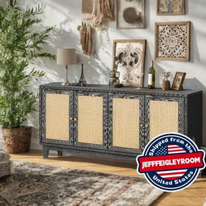 Bohemian-style buffet, rattan sideboard, console table with 4 rattan doors and adjustable shelves, suitable for living rooms, entryway, etc.