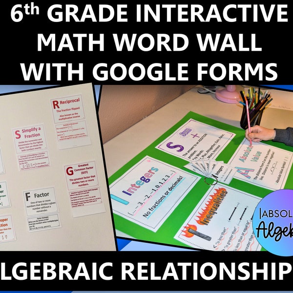 Algebraic Relationships Mathematics Vocabulary Word Wall  Middle School 24 Cards Printable and Digital