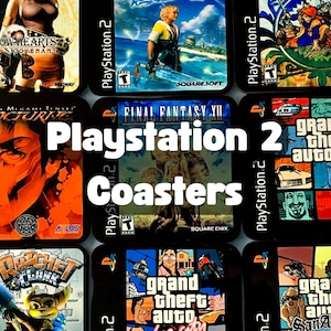 May include: A collection of nine square coasters featuring various PlayStation 2 game cover art, including Shadow Hearts Covenant, Final Fantasy X, Final Fantasy XII, Nocturne, Grand Theft Auto III, Ratchet and Clank, Vice City, and San Andreas.
