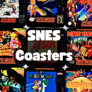 May include: A collection of nine square coasters featuring colorful graphic art from various Super Nintendo video game box covers, including Super Mario RPG, Donkey Kong Country, and EarthBound, with the text SNES Coasters overlaid in white.