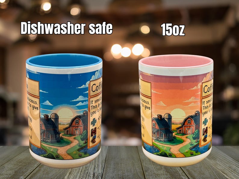 May include: Two 15oz coffee mugs with a farm scene design. One mug has a blue sky and the other has an orange sky. Both mugs have the text "Coffee" and "Dishwasher safe".