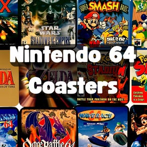 May include: A collection of square coasters featuring various Nintendo 64 video game box art, including titles like Star Wars Shadows of the Empire, Super Smash Bros, The Legend of Zelda Ocarina of Time, Pokemon Stadium, Pokemon Snap, and Wave Race 64.