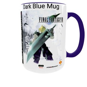 Final Fantasy VII Mug: Retro Game Cover Art, Cloud Strife, Gamer Gift Dark Blue