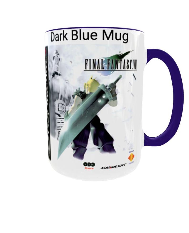 Final Fantasy VII Mug: Retro Game Cover Art, Cloud Strife, Gamer Gift Dark Blue