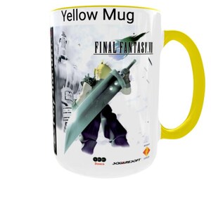 Final Fantasy VII Mug: Retro Game Cover Art, Cloud Strife, Gamer Gift Geel