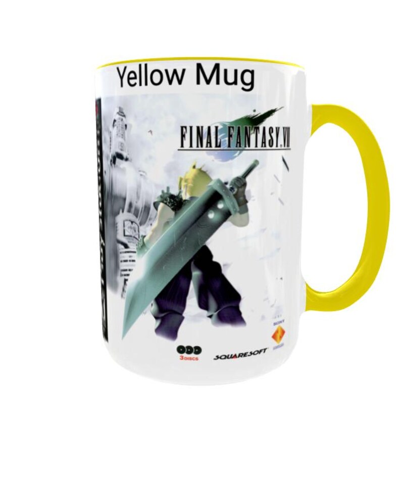 Final Fantasy VII Mug: Retro Game Cover Art, Cloud Strife, Gamer Gift Geel
