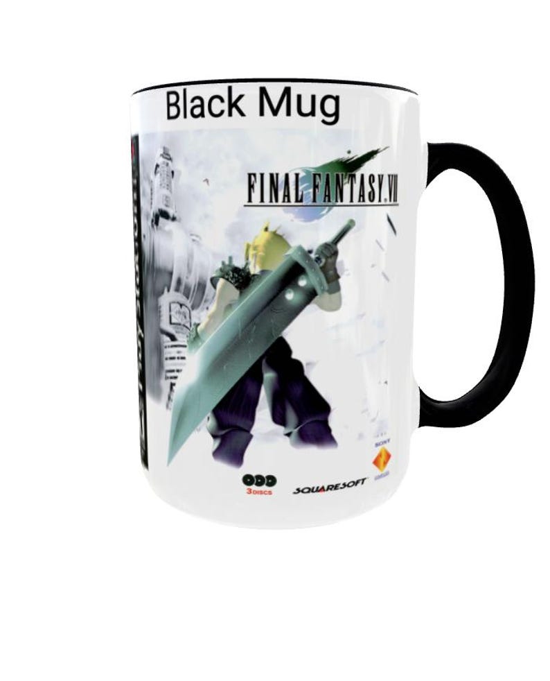 Final Fantasy VII Mug: Retro Game Cover Art, Cloud Strife, Gamer Gift Zwart