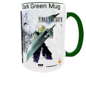 Final Fantasy VII Mug: Retro Game Cover Art, Cloud Strife, Gamer Gift Dark Green