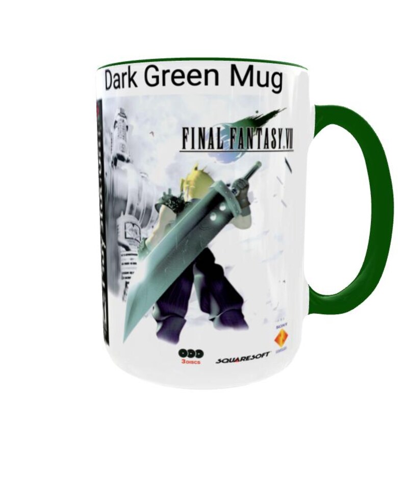 Final Fantasy VII Mug: Retro Game Cover Art, Cloud Strife, Gamer Gift Dark Green