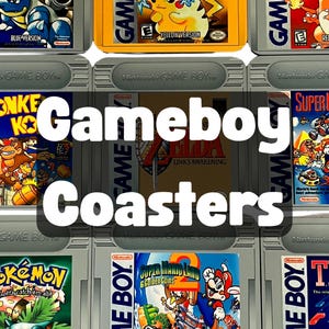 May include: A collection of Game Boy coasters featuring various game cartridges. The coasters display game titles like "Donkey Kong," "Super Mario Land," and "Pokémon." The text "Gameboy Coasters" is overlaid on the image.