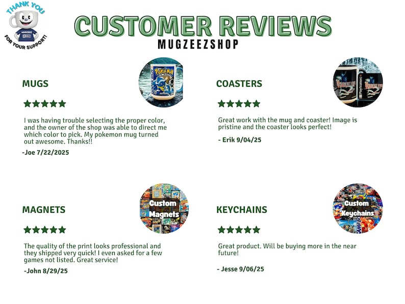 May include: Customer reviews for Mugzeezshop, featuring mugs, coasters, magnets, and keychains. The reviews include text and star ratings. The shop's logo is a cartoon mug with the text "Thank You For Your Support".