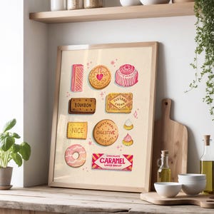 Lámina artística de cocina con galletas / A3 A4 A5 / Ilustración de crema pastelera, bourbon, pastel de té y oblea rosa
