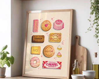 British Biscuits Kitchen Art Print — Custard Cream, Bourbon, Digestive, Teacake, Pink Wafer | Illustrated Wall Art | A3 A4 A5