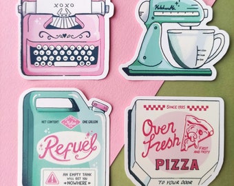 Four pack of vinyl stickers - Refuel, Pizza box, typewriter and food mixer