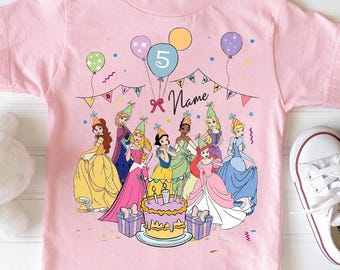 Disney Princess Birthday T-Shirt, Custom Tiana Ariel Elsa Rapunzel Belle Birthday Present Gift, Disneyland Family Trip
