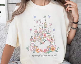 Happiest Place on Earth Shirt, Disney Castle Floral Shirt, Vintage Disney Shirt, Magic Kingdom Shirt, Disneyland Shirt, Comfort Colors Shirt