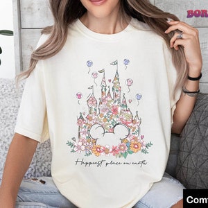 Happiest Place on Earth Shirt, Disney Castle Floral Shirt, Vintage Disney Shirt, Magic Kingdom Shirt, Disneyland Shirt, Comfort Colors Shirt