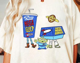 Retro Alien Pizza Planet Woody And Buzz Lightyear Shirt, Toy Story Disney Pixar Washed T-shirt, Disney World Disneyland Trip