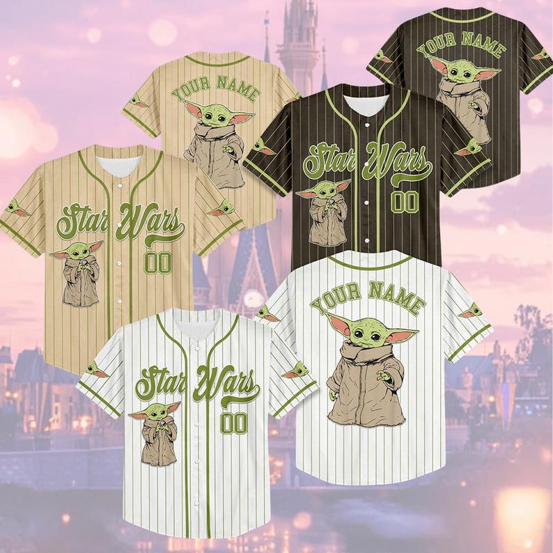 a collection of Star Wars-themed baseball jerseys, each featuring a unique design of the character Baby Yoda. The jerseys are arranged in a grid-like pattern, with some jerseys placed above and below the others. The jerseys are set against a backdrop of a city skyline, adding a sense of depth and context to the scene.