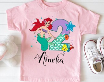 Chemise d'anniversaire petite sirène, T-shirt fille anniversaire princesse Ariel Disney, t-shirt famille sirène assorti, fête d'anniversaire Ariel personnalisée