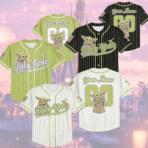 May include: Baseball jerseys featuring the character Baby Yoda. The jerseys come in green, black, and white with vertical stripes. Each jersey has the text "Baby Yoda" or "Your Name" with a number on the back.