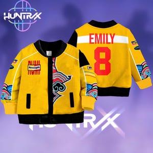 May include: Yellow bomber jacket with black trim and colorful sleeve accents. The front features a graphic design and text, while the back displays the name "EMILY" and the number "8" in red. The jacket has a front zipper and a ribbed collar and cuffs.