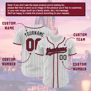 The image is a collage of two images, one showing the back of a baseball jersey and the other showing the front. The jersey has a custom name and number, and the image is labeled with various text elements such as "CUSTOM NAME", "CUSTOM NUMBER", and "CUSTOM TEAM".