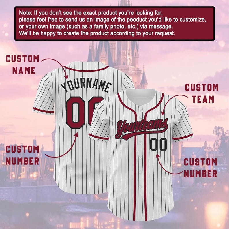 The image is a collage of two images, one showing the back of a baseball jersey and the other showing the front. The jersey has a custom name and number, and the image is labeled with various text elements such as "CUSTOM NAME", "CUSTOM NUMBER", and "CUSTOM TEAM".