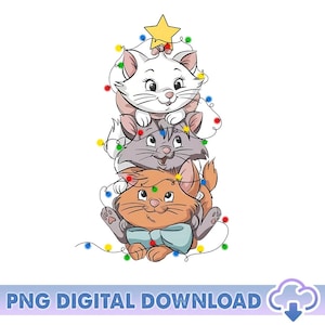 Könnte beinhalten: Eine digitale Illustration von drei Cartoon-Katzen, die wie ein Weihnachtsbaum gestapelt sind. Die oberste Katze ist weiß, die mittlere Katze ist grau und die untere Katze ist orange mit einer blauen Schleife. Sie sind mit bunten Lichterketten und einem goldenen Stern geschmückt.