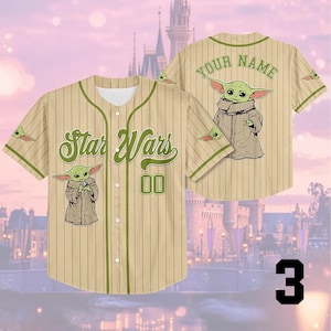 A Star Wars-themed baseball jersey with a baby Yoda character on the front and back, along with the text "Star Wars" and "Your Name" printed on the jersey.