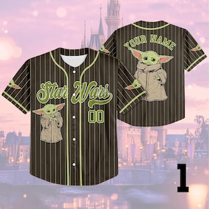 A Star Wars-themed baseball jersey with a baby Yoda character on the front and back, along with the text "Star Wars" and "Your Name" printed on it.