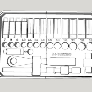 以下が含まれることがあります： 工具を収納するための19個のスペースを持つ、白いプラスチック製のツールオーガナイザー。オーガナイザーには、「A+ DESIGNS」と書かれた黒いラベルが付いています。