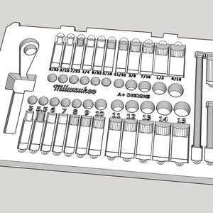 May include: A white socket organizer with various sized sockets and a handle. The organizer has the text "Milwaukee" and "A+ DESIGNS" printed on it. Sockets are labeled with fractional inch measurements.
