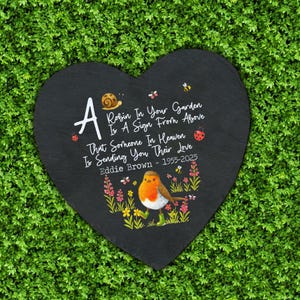 A Robin In The Garden Slate Heart, Sympathy Gift, Slate Grave Marker, Keepsake, Remembrance, Bereavement Gift, Loss of a Loved One