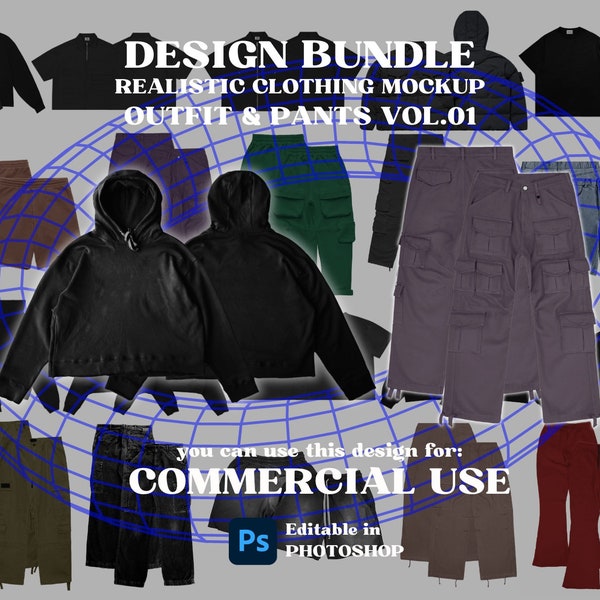 Clothing Mockup Bundles Streetwear Realistic Design Outfit and Pants, Fashion Mockup, Tech Pack Design Mockup, Photoshop Mockup Vol.01