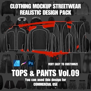 Pode incluir: Uma coleção de mockups de roupas streetwear pretas, incluindo tops e calças. A imagem apresenta vários designs de jaquetas, moletons com capuz e calças. O texto na imagem diz "CLOTHING MOCKUP STREETWEAR REALISTIC DESIGN PACK TOPS & PANTS Vol.09".