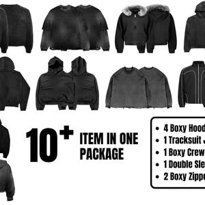 May include: A collection of 10+ black hoodies, sweatshirts, and jackets. The image includes 4 boxy hoodies, 1 tracksuit jacket, 1 boxy crewneck, 1 double sleeve t-shirt, and 2 boxy zipper hoodies.