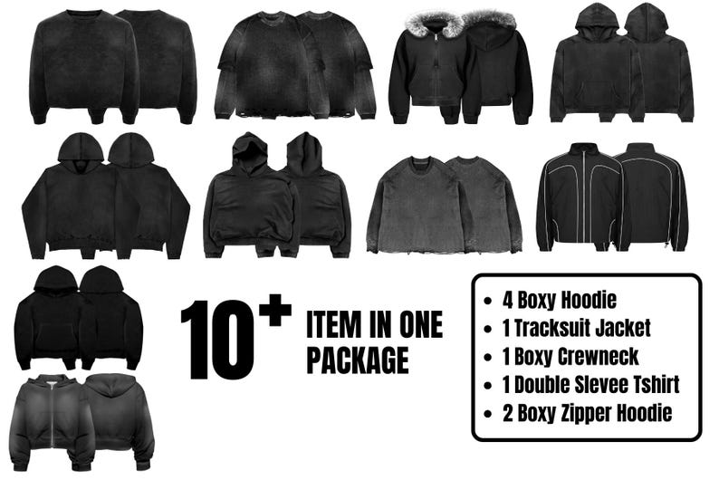 May include: A collection of 10+ black hoodies, sweatshirts, and jackets. The image includes 4 boxy hoodies, 1 tracksuit jacket, 1 boxy crewneck, 1 double sleeve t-shirt, and 2 boxy zipper hoodies.